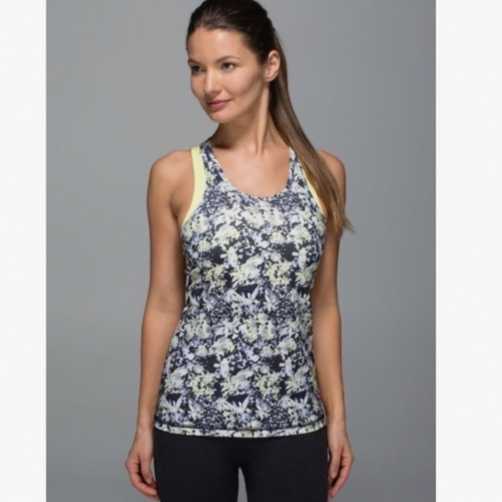 Lululemon No Limits Tank Top Built-in Bra Floral Neon Yellow Size 4